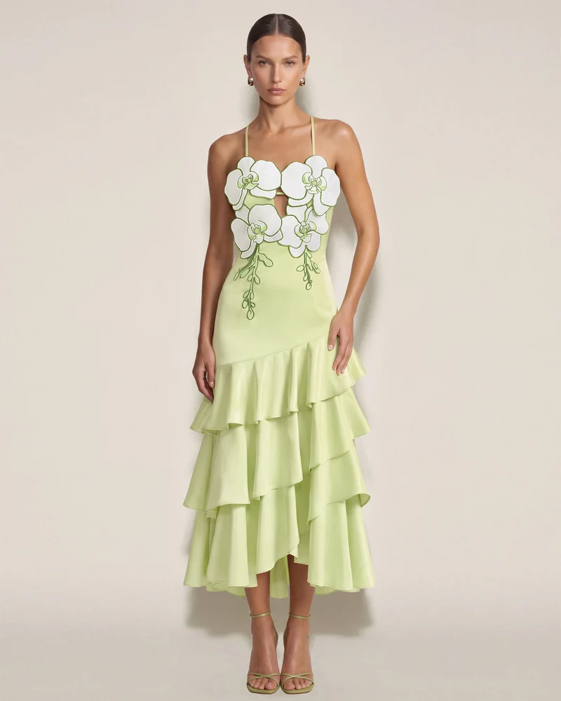 Robe midi à volants et ornements orchidée - Vert clair