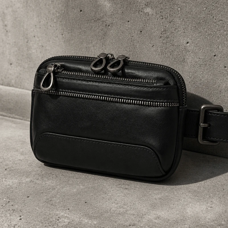 Banane Porte Monnaie Homme en Cuir Véritable Noir