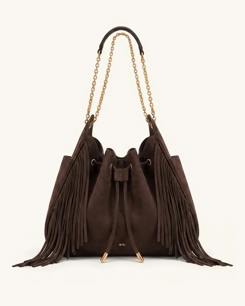 Rowan Sac seau à chaîne, cordon de serrage, détails froncés et pompons en faux daim - Marron ambré