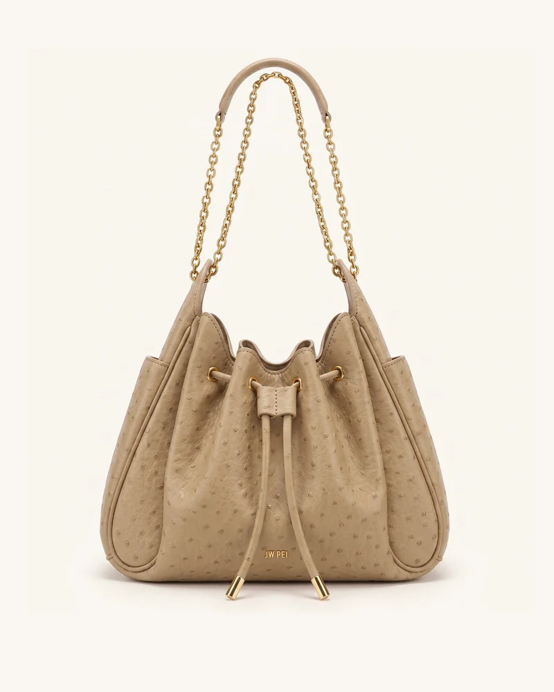 Rowan Sac seau à chaîne, cordon de serrage et détails froncés en faux cuir façon autruche - Marron chêne
