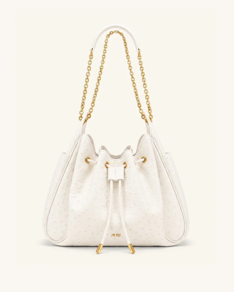 Rowan Sac seau à chaîne, cordon de serrage et détails froncés en faux cuir façon autruche - Blanc crème