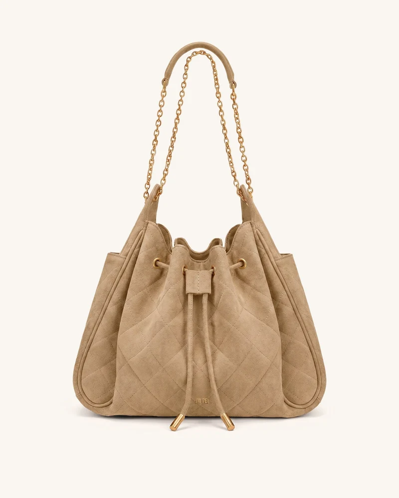 Rowan Sac seau à chaîne, cordon de serrage, détails froncés et matelassés en faux daim - Marron noix de coco