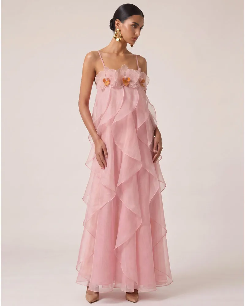 Robe longue en organza brodée d'orchidées - Rose poudré