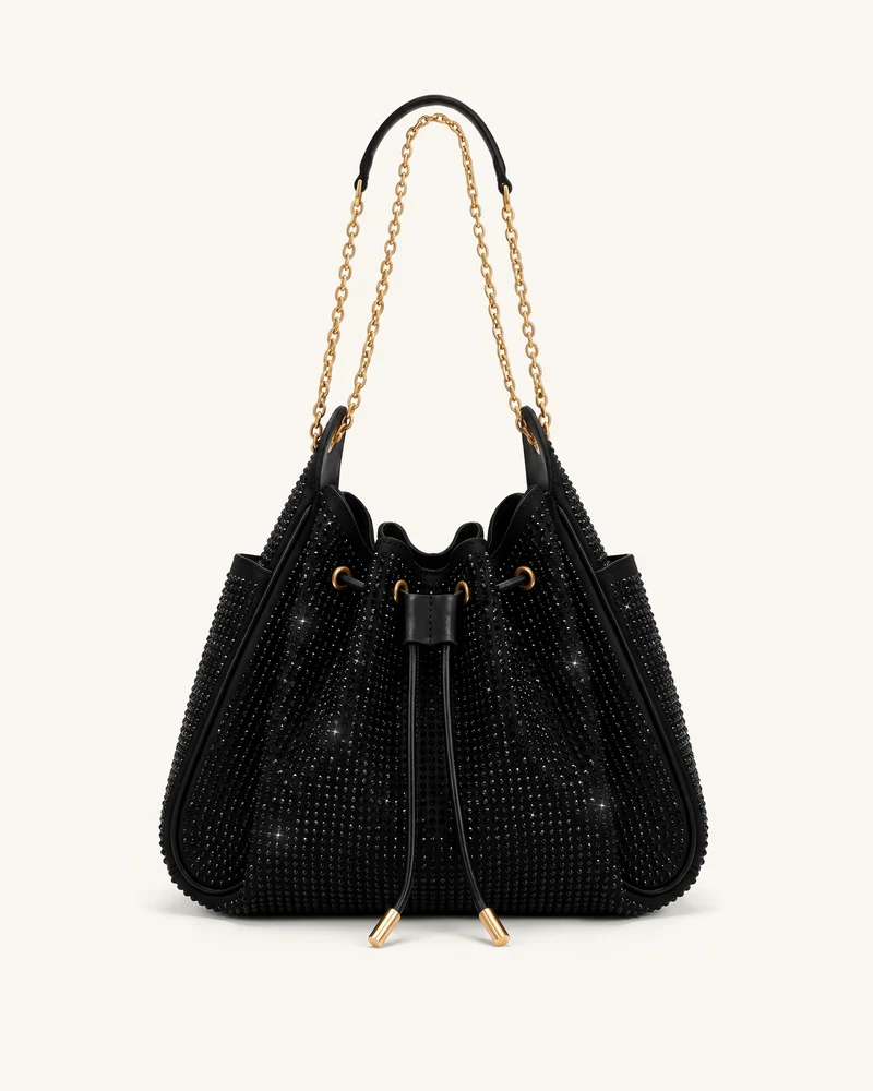 Rowan Sac seau à chaîne, cordon de serrage et détails froncés en cristaux artificiels - Obsidienne