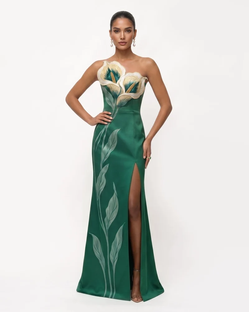 Calla Robe longue fendue bustier Lily - Vert émeraude