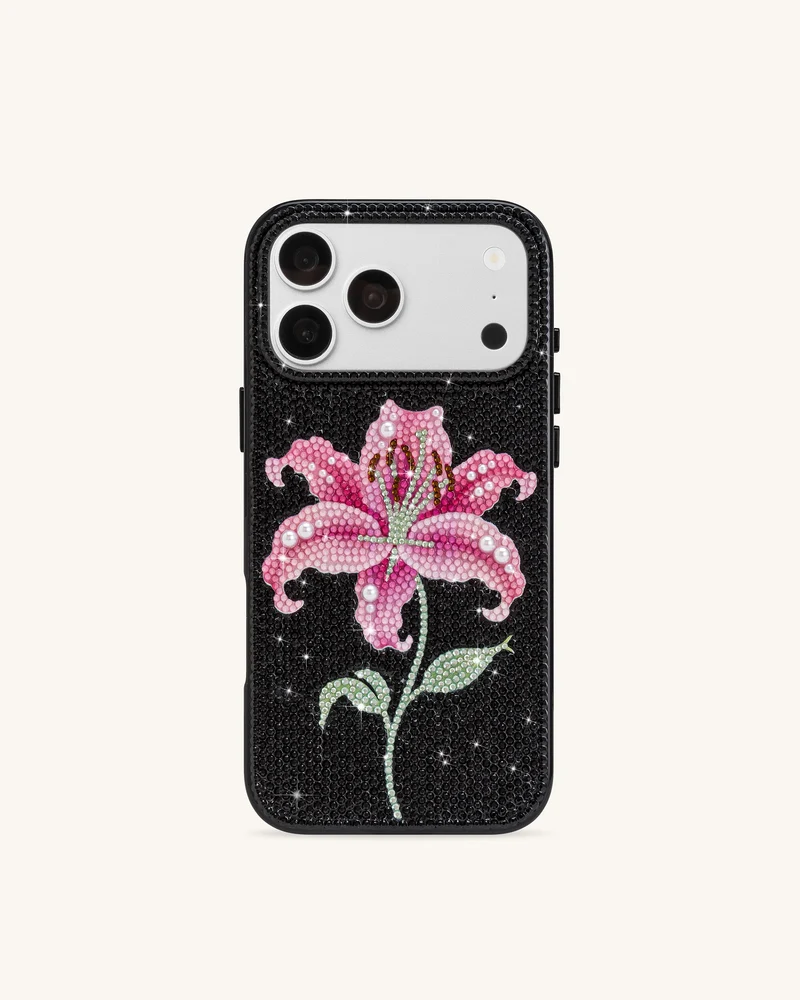 Coque de téléphone lys rose en cristaux artificiels - Noir