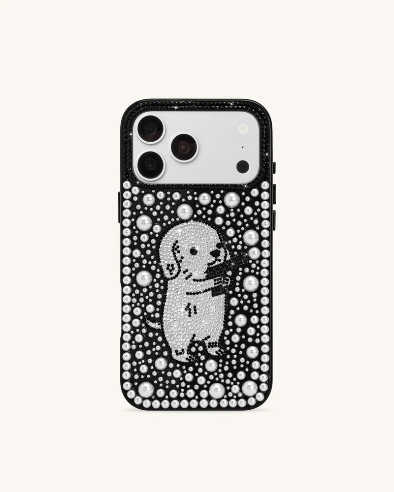 Coque de téléphone chiot en perles et cristaux artificiels - Noir