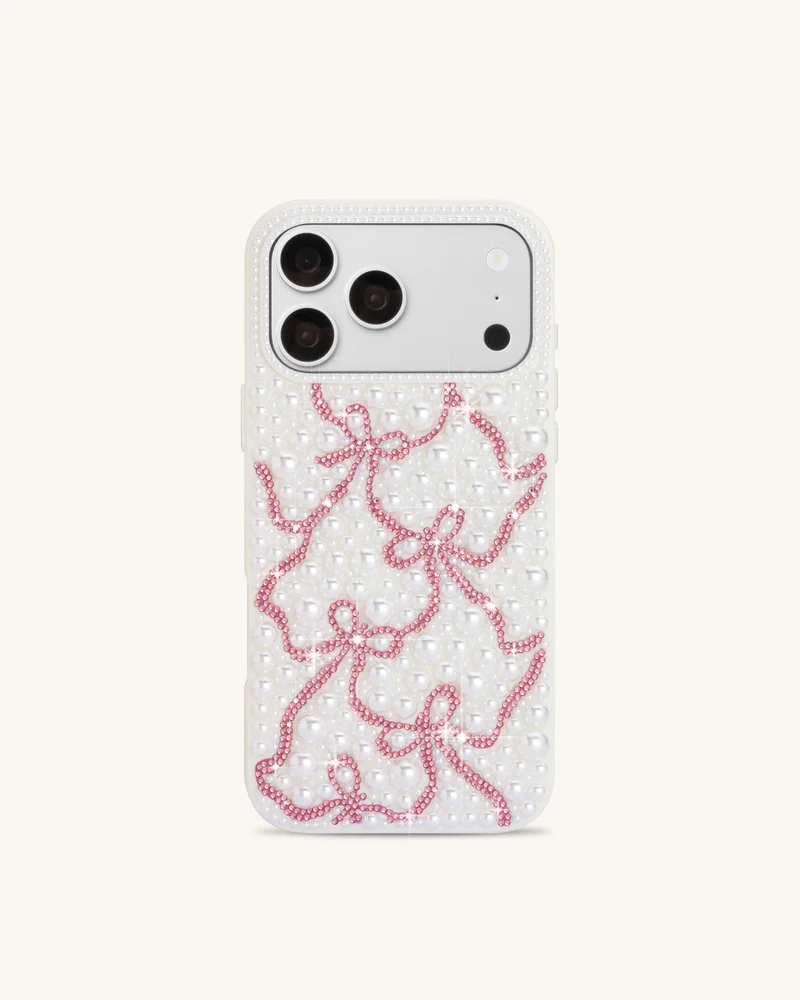 Coque de téléphone nœud ruban en perles et cristaux artificiels - Blanc