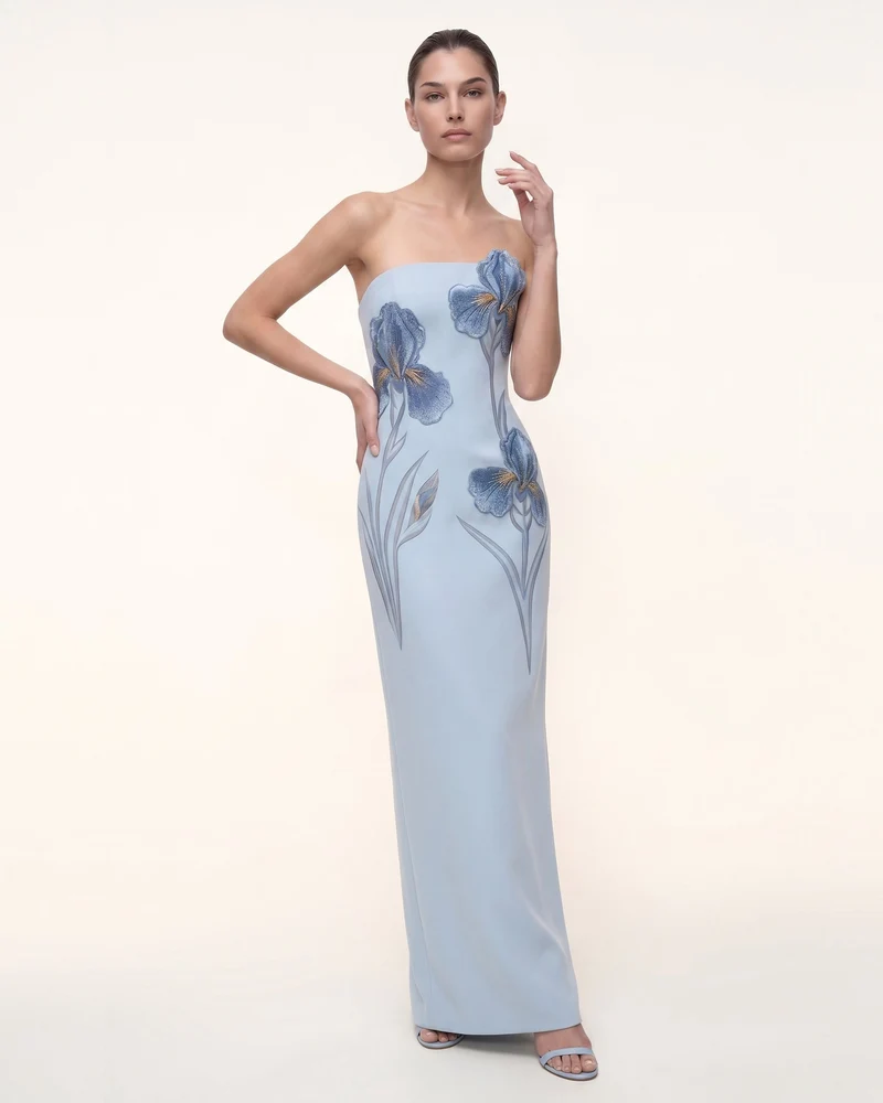 Iris Robe longue bustier brodée - Bleu clair