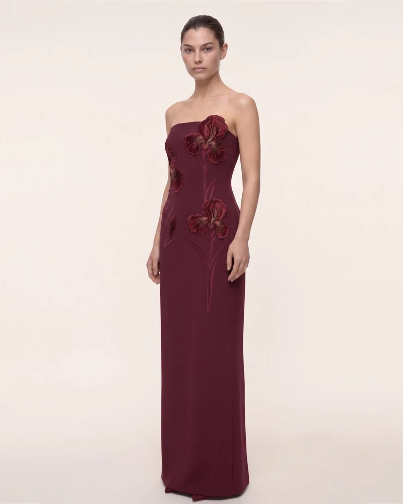 Iris Robe longue bustier brodée - Bordeaux