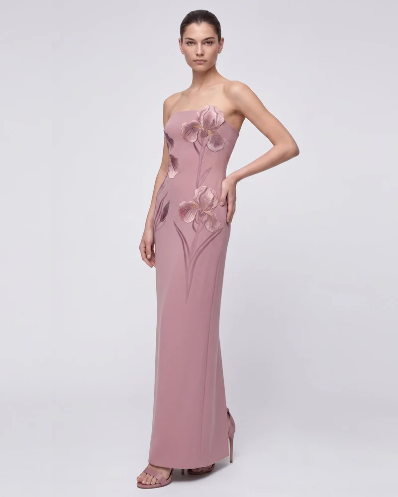 Iris Robe longue bustier brodée - Vieux rose