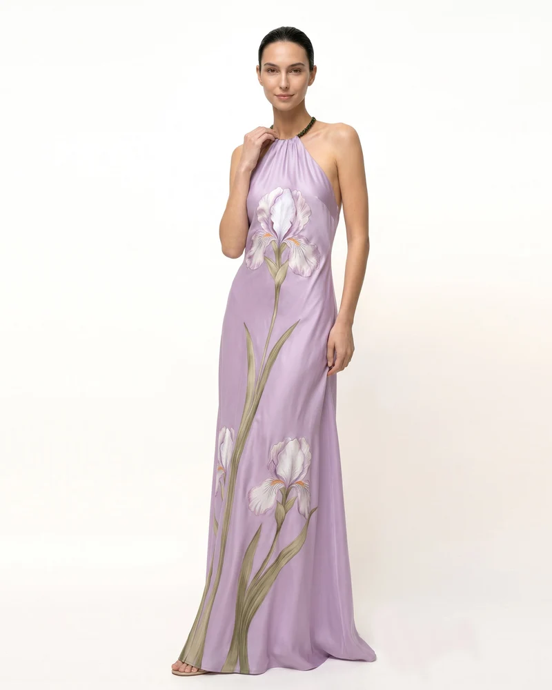 Iris Robe longue à col licou et imprimé floral - Lavande