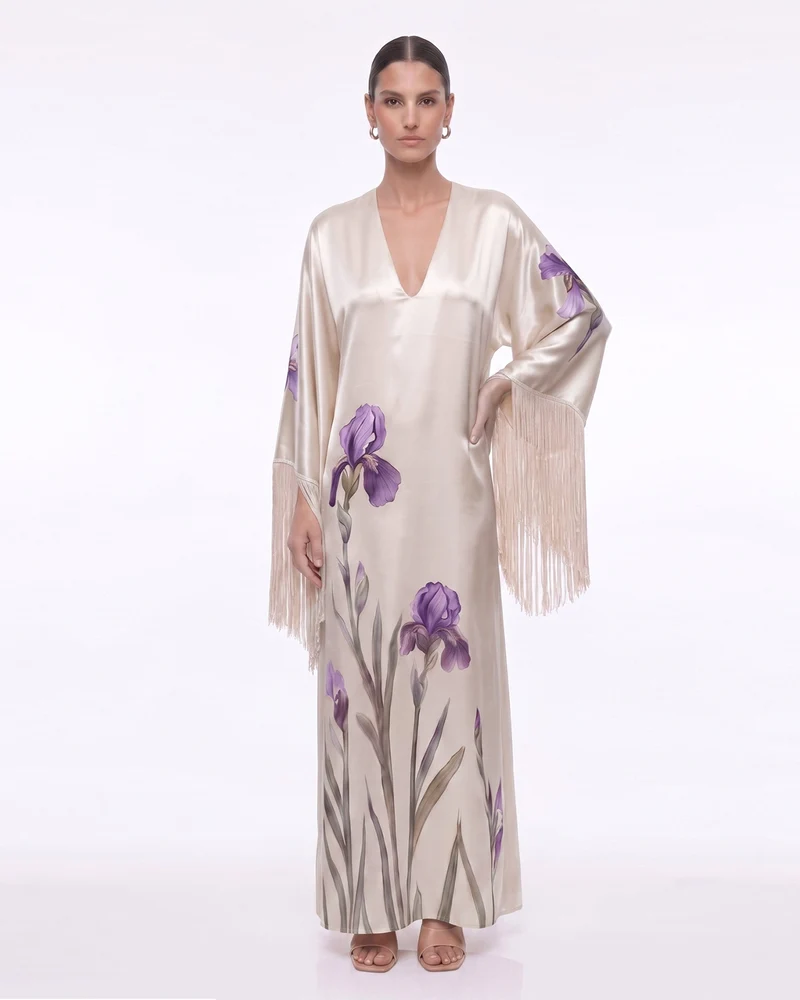 Iris Robe longue à col en V, manches à franges et imprimé - Champagne