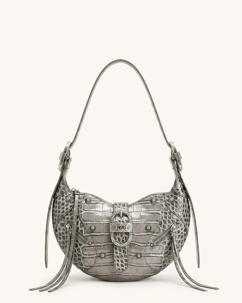 Tessa Sac à bandoulière clouté - Gris ciment effet croco