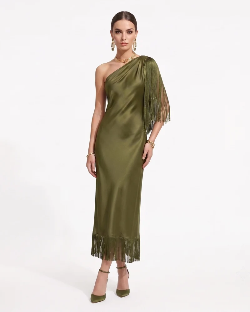 Robe midi à une épaule avec franges - Vert olive