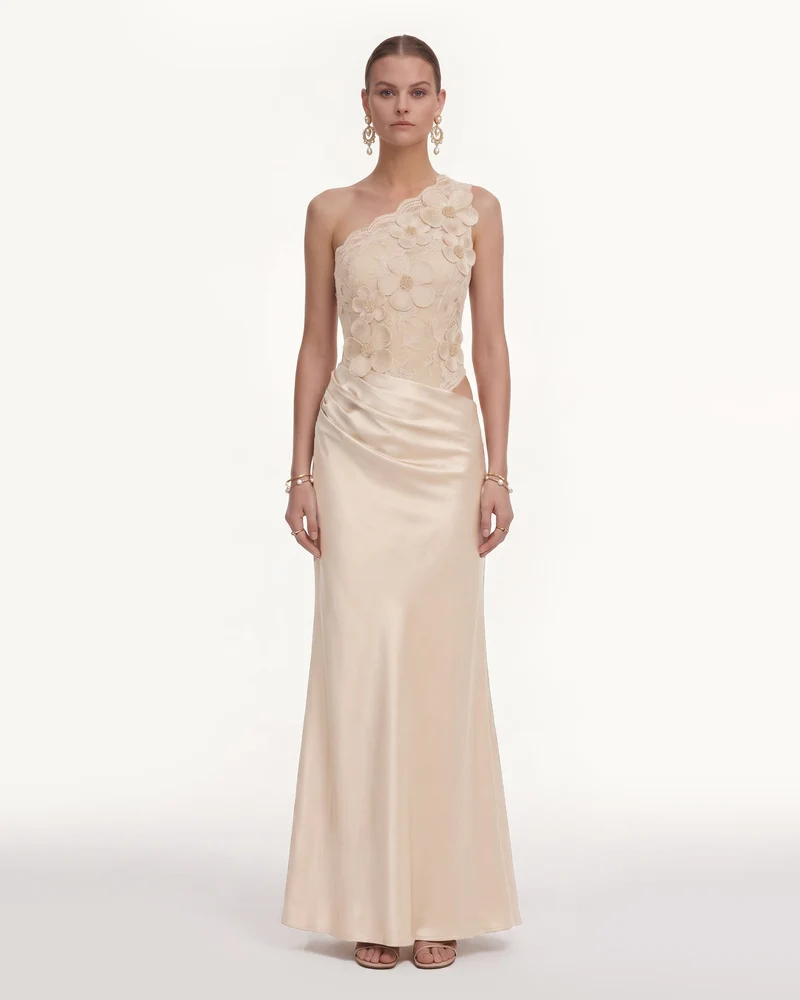 Robe asymétrique en satin à motif floral - Crème