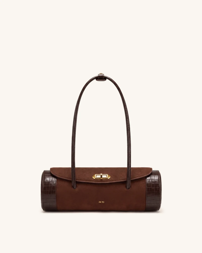 Maelis Sac baril en faux daim avec garniture façon croco - Marron foncé