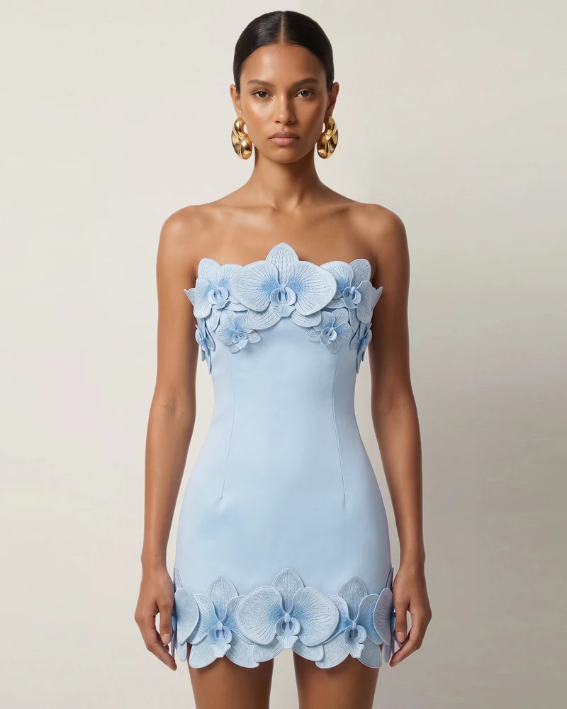 Mini-robe bustier à garniture orchidée - Bleu