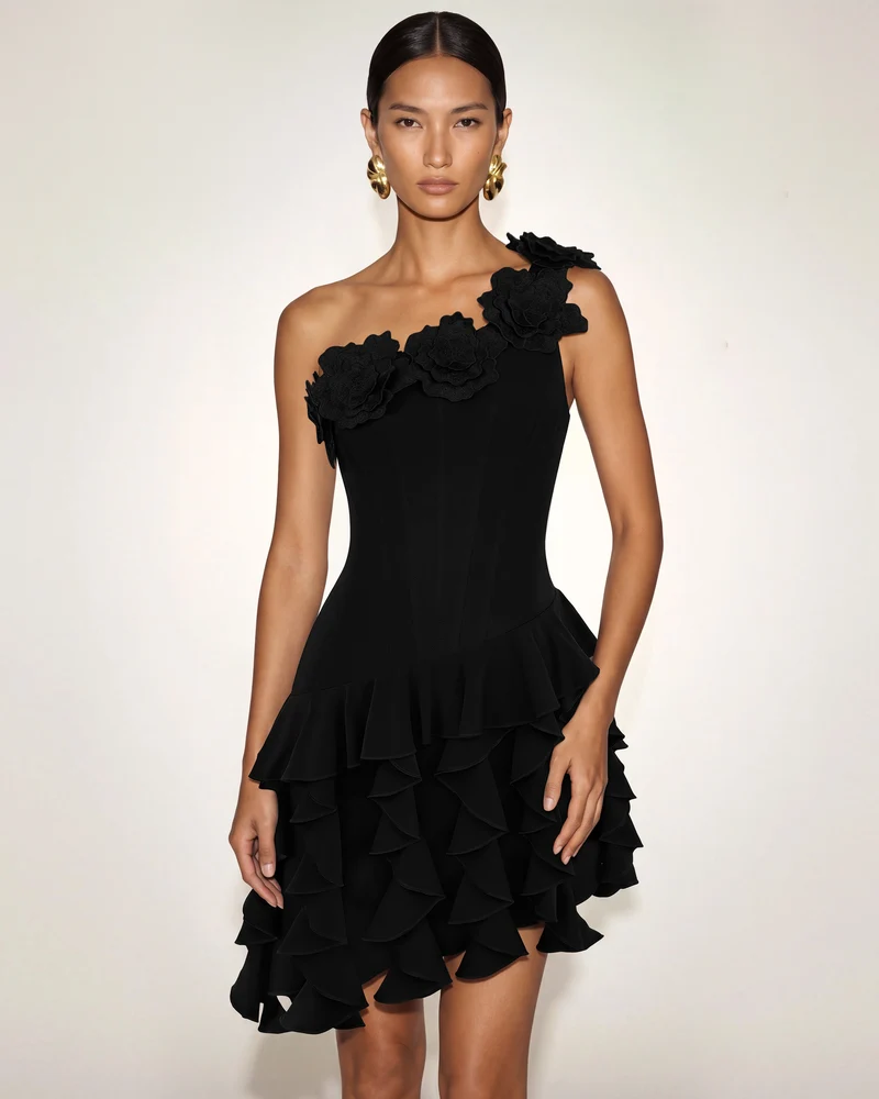 Robe courte corset asymétrique à fleurs brodées - Noir