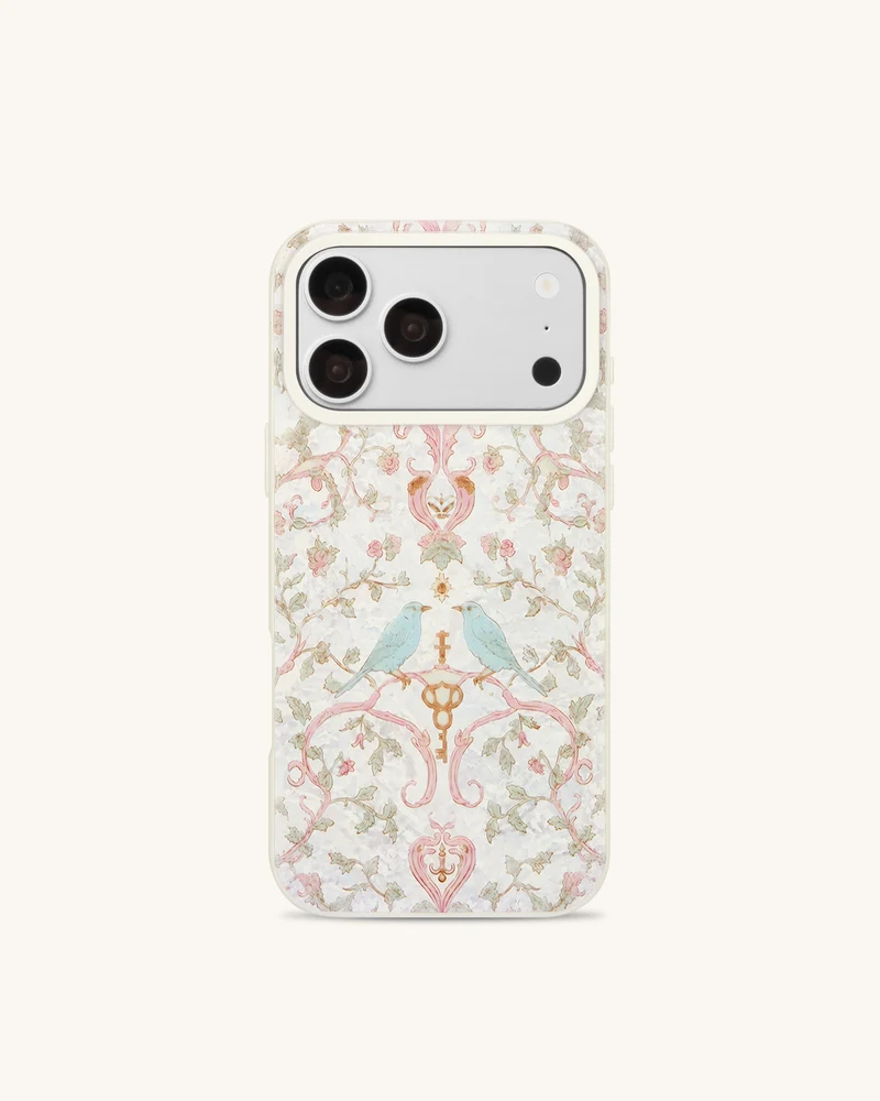 Coque de téléphone motif oiseaux, perles et coquillages style vintage - Blanc