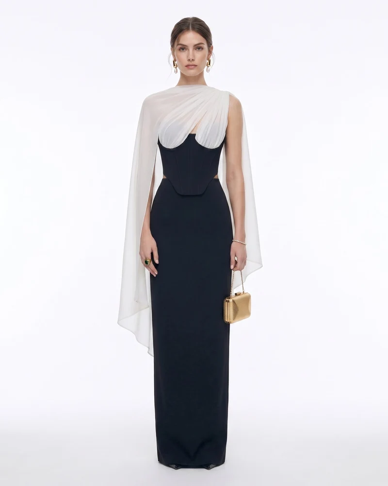 Top corset bustier avec cape transparente - Noir et blanc