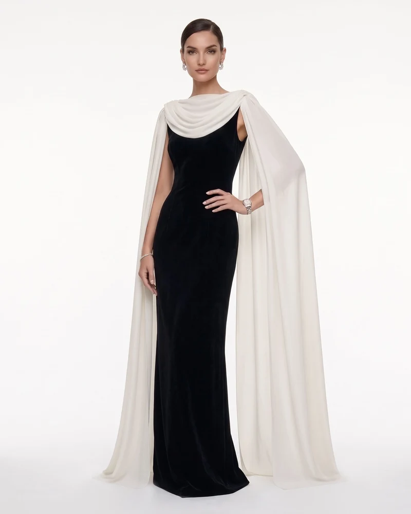 Robe longue transparente à col bénitier - Noir et blanc