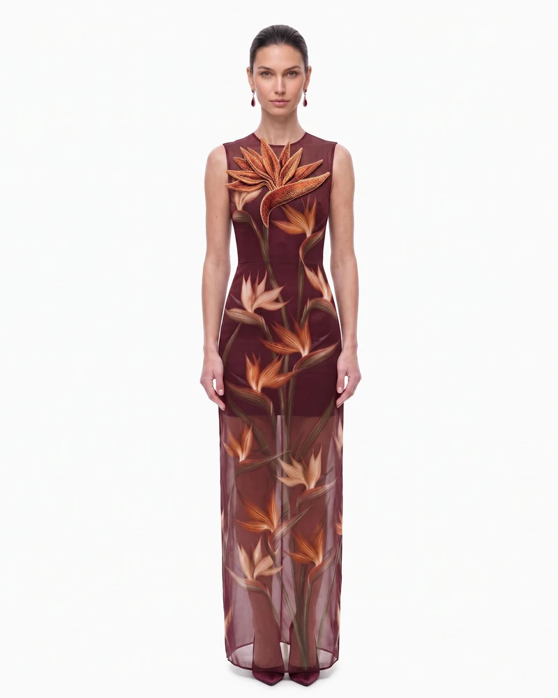 Robe longue colonne transparente à appliqué oiseau de paradis - Bordeaux