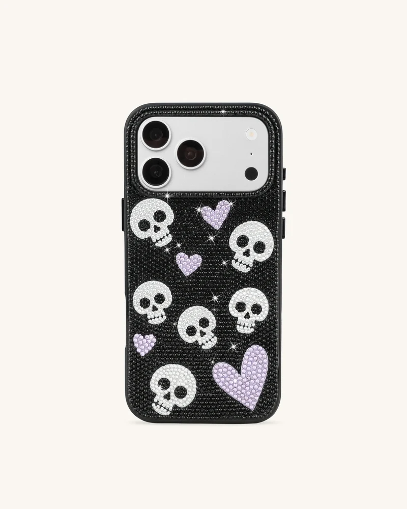 Coque de téléphone strass cœur et tête de mort - Noir