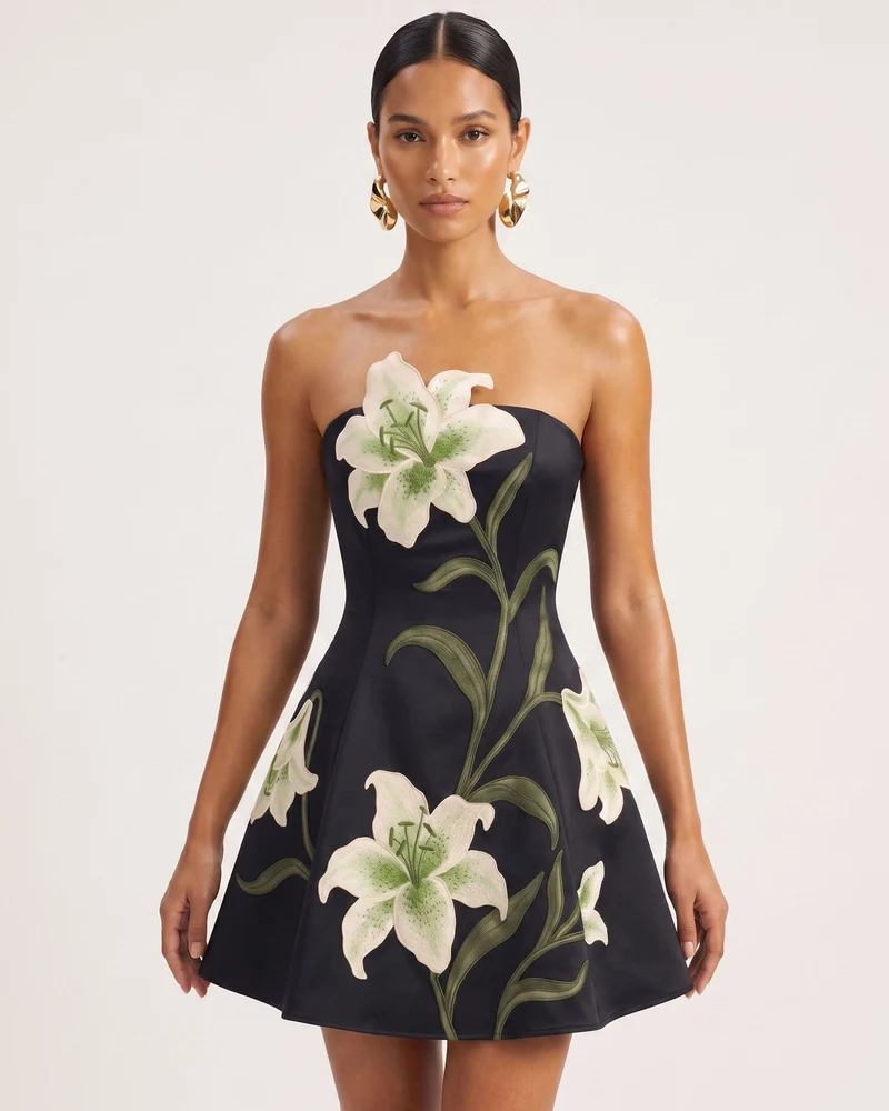 Lily Robe courte trapèze bustier à imprimé floral - Noir