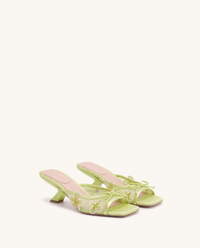 Mireille Sandales à talons en maille avec nœud et appliqué floral brodé - Chartreuse