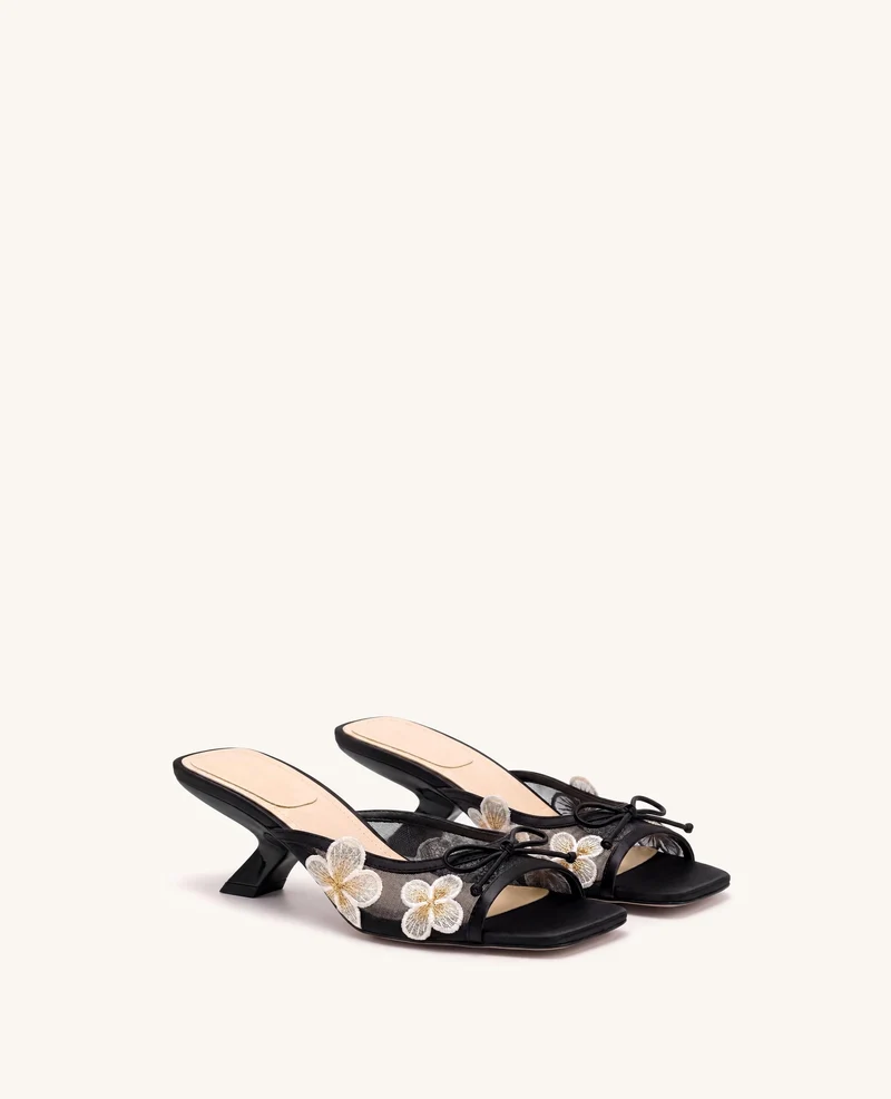 Mireille Sandales à talons en maille avec nœud et appliqué floral brodé - Noir