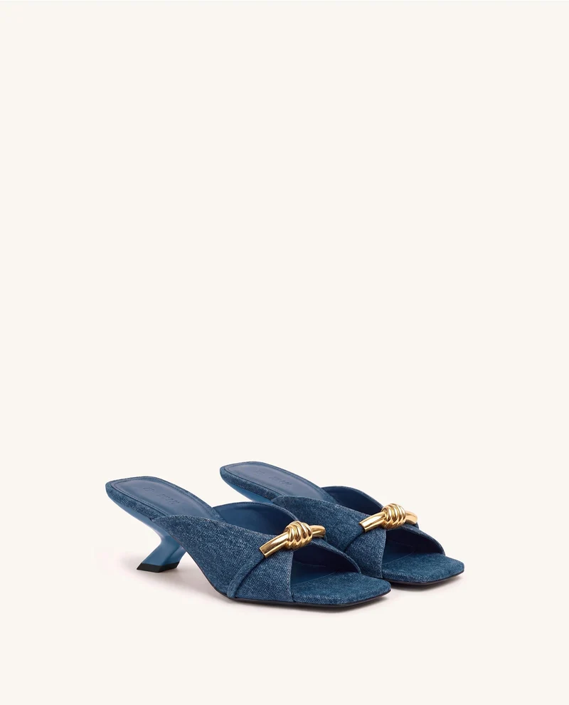 Lena Sandales à talons et brides croisées en jean avec nœud en corde métallique - Bleu jean