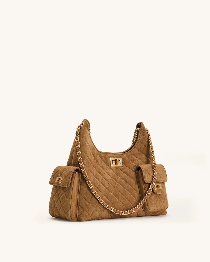 Vivian Sac porté épaule matelassé à chaîne en faux daim - Marron caramel