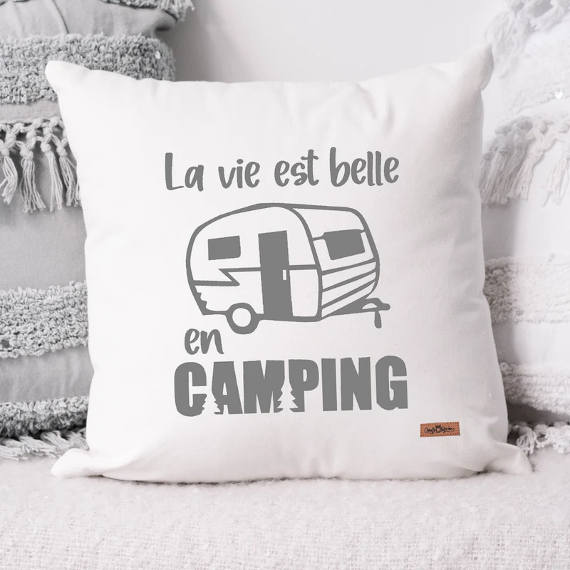 Coussin - Carré - Blanc - LA VIE EST BELLE EN CAMPING - ROULOTTE
