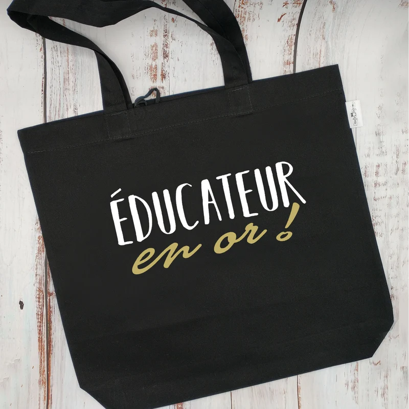 (CHOIX COULEURS & PROFESSION) Sac d'épicerie / Sac fourre-tout réutilisable et lavable - ÉDUCATEUR ou ÉDUCATRICE EN OR ! (texte) (Qui se roule pour le rangement)