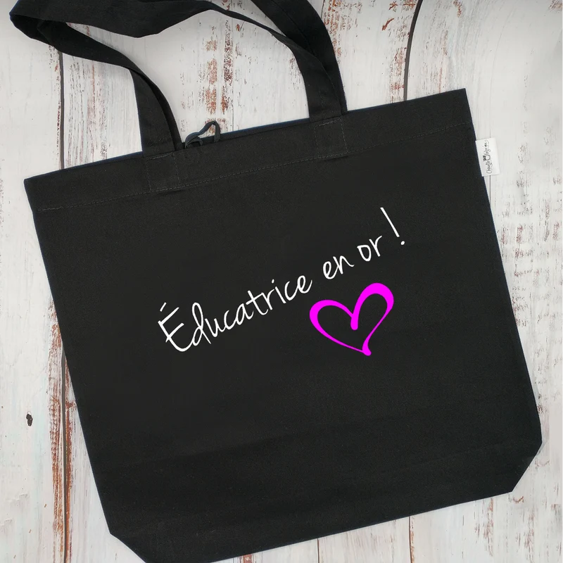 (CHOIX COULEURS & PROFESSION) Sac d'épicerie / Sac fourre-tout réutilisable et lavable - ÉDUCATEUR ou ÉDUCATRICE EN OR ! (angle/coeur) - (Qui se roule pour le rangement)