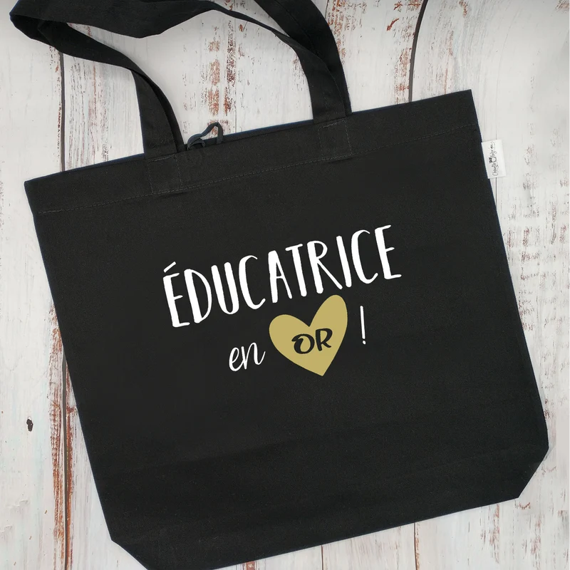 (CHOIX COULEURS & PROFESSION) Sac d'épicerie / Sac fourre-tout réutilisable et lavable - ÉDUCATRICE ou ÉDUCATEUR EN OR ! (coeur) - (Qui se roule pour le rangement)