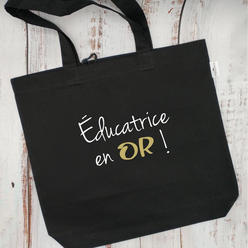 (CHOIX COULEURS & PROFESSION) Sac d'épicerie / Sac fourre-tout réutilisable et lavable - ÉDUCATRICE ou ÉDUCATEUR EN OR ! - (Qui se roule pour le rangement)