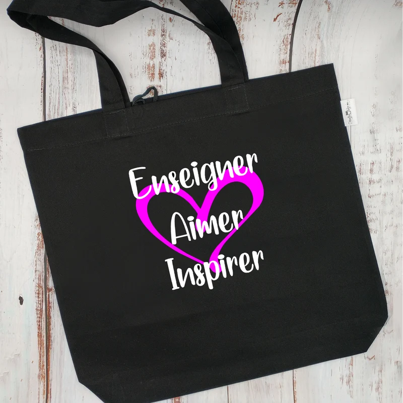 (CHOIX COULEURS) Sac d'épicerie / Sac fourre-tout réutilisable et lavable - ENSEIGNER, AIMER, INSPIRER - (Qui se roule pour le rangement)