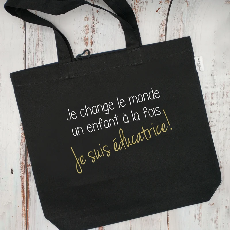 (CHOIX COULEURS & PROFESSION) Sac d'épicerie / Sac fourre-tout réutilisable et lavable - JE CHANGE LE MONDE... ÉDUCATRICE ou ÉDUCATEUR - (Qui se roule pour le rangement)