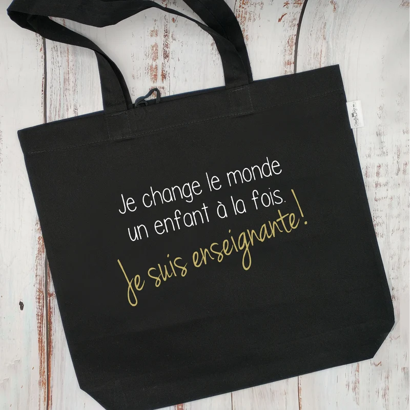 (CHOIX COULEURS & PROFESSION) Sac d'épicerie / Sac fourre-tout réutilisable et lavable - JE CHANGE LE MONDE... ENSEIGNANT ou ENSEIGNANTE - (Qui se roule pour le rangement)