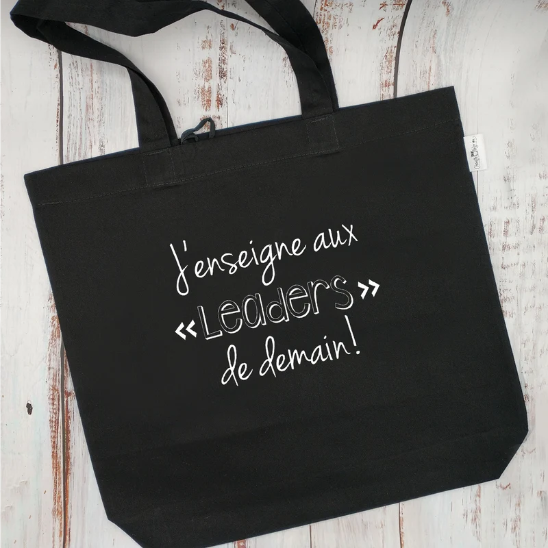 (CHOIX COULEURS) Sac d'épicerie / Sac fourre-tout réutilisable et lavable - J'ENSEIGNE AUX LEADERS DE DEMAIN - (Qui se roule pour le rangement)