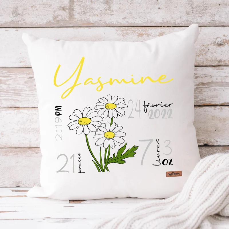 Coussin Statistiques de naissance - Carré - Blanc - MARGUERITE