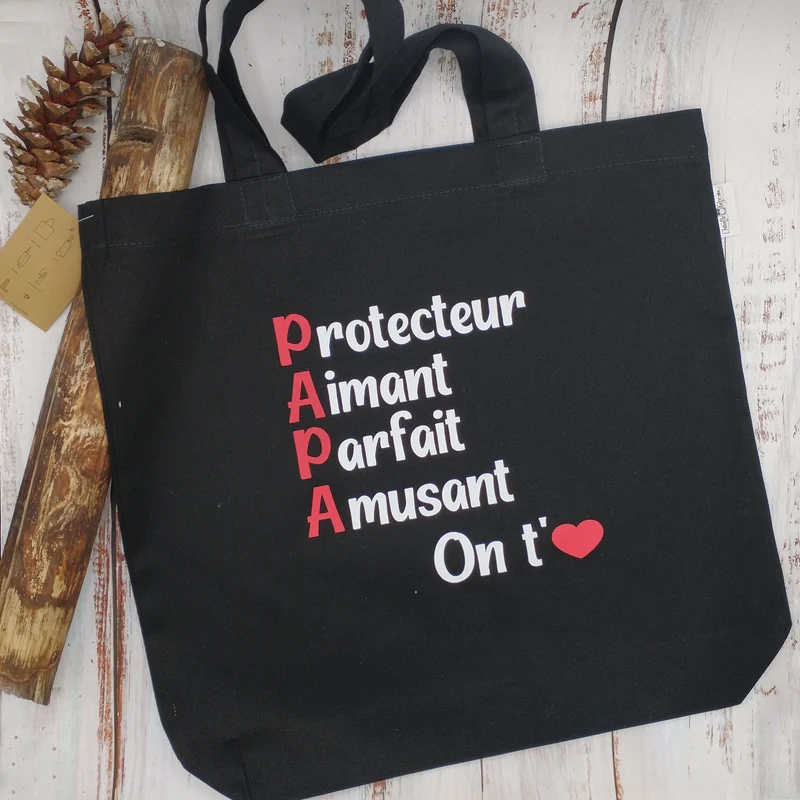 (CHOIX COULEURS) Sac d'épicerie / Sac fourre-tout réutilisable et lavable - PAPA PARFAIT - (Qui se roule pour le rangement)