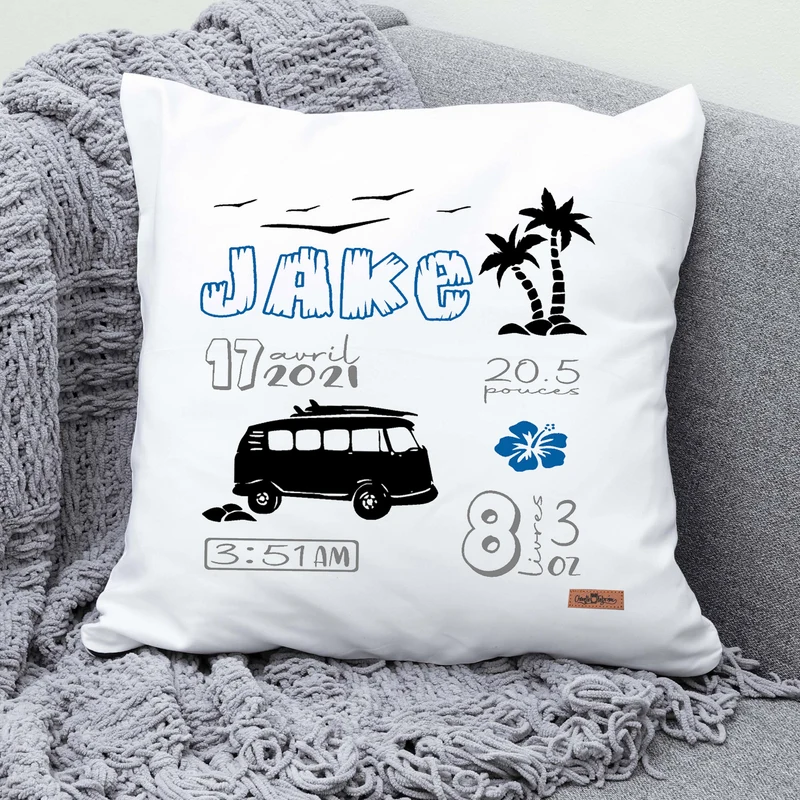 Coussin Statistiques de naissance - Carré - Blanc - WAGON VAN SURF