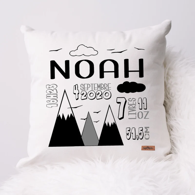 Coussin Statistiques de naissance - Carré - Blanc - MONTAGNES