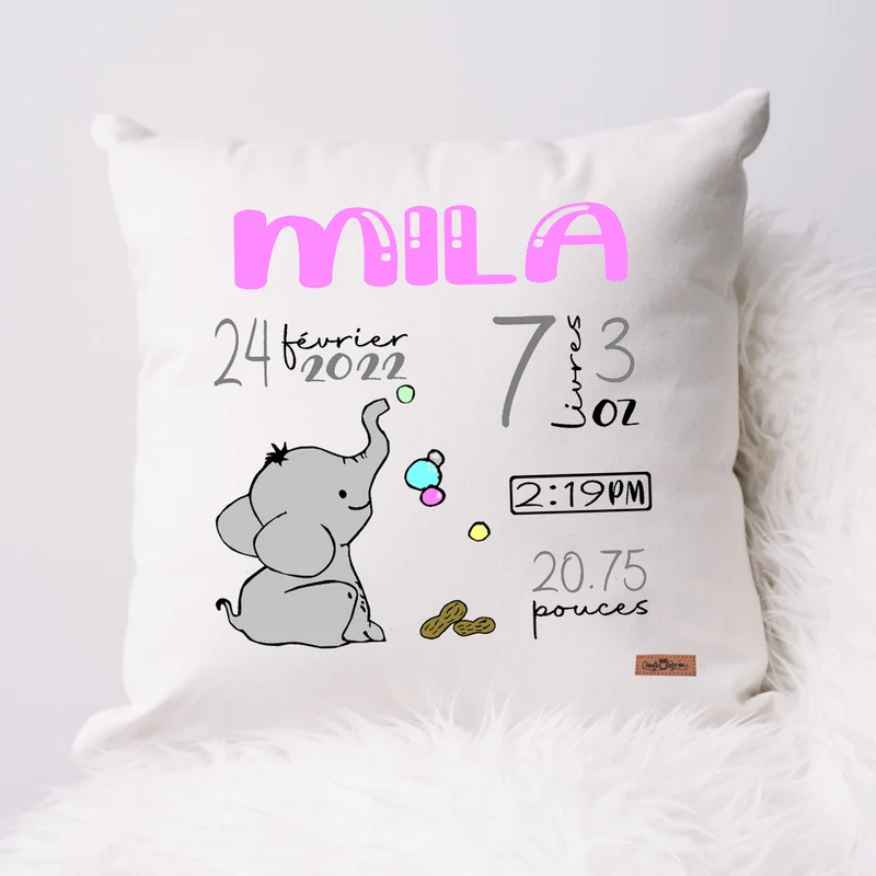 Coussin Statistiques de naissance - Carré - Blanc - ÉLÉPHANT