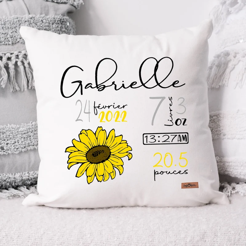 Coussin Statistiques de naissance - Carré - Blanc - TOURNESOL