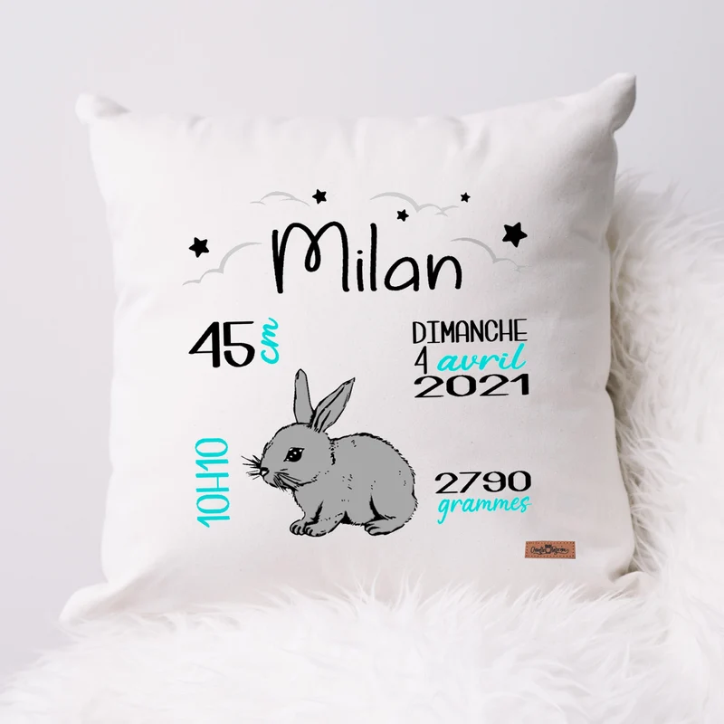 Coussin Statistiques de naissance - Carré - Blanc - LAPIN