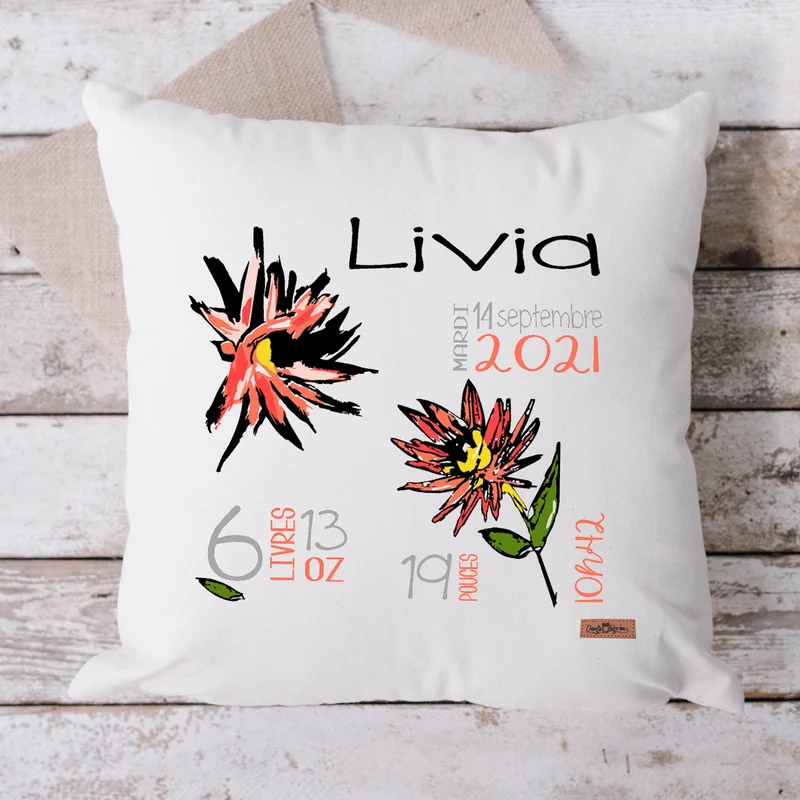 Coussin Statistiques de naissance - Carré - Blanc - FLEURS LIVIA
